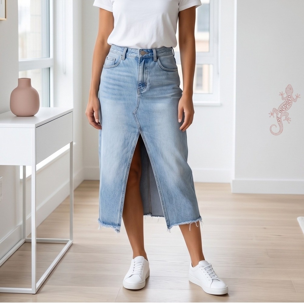 Vintage Denim‎ Maxi Skirt Womens S Light Blue High Waist Front Slit Raw Hem
